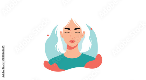 Serene illustration of a woman with closed eyes and white hair, meditating for mental health, balance, and tranquility.