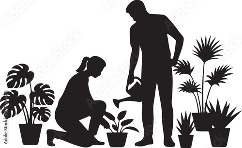 silhouette of couple gardening together, featuring a man and woman planting and tending plants