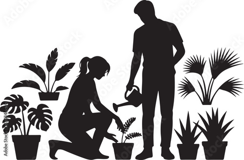 silhouette of couple gardening together, featuring a man and woman planting and tending plants