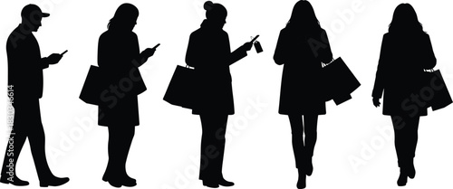 Silhouettes of people walking and shopping with bags while using smartphones, modern lifestyle, technology addiction, urban city life, communication, consumerism concept.