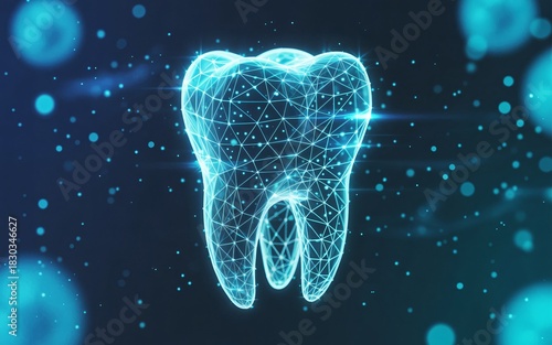  A holographic tooth is rendered with a network of connecting lines and dots. 
