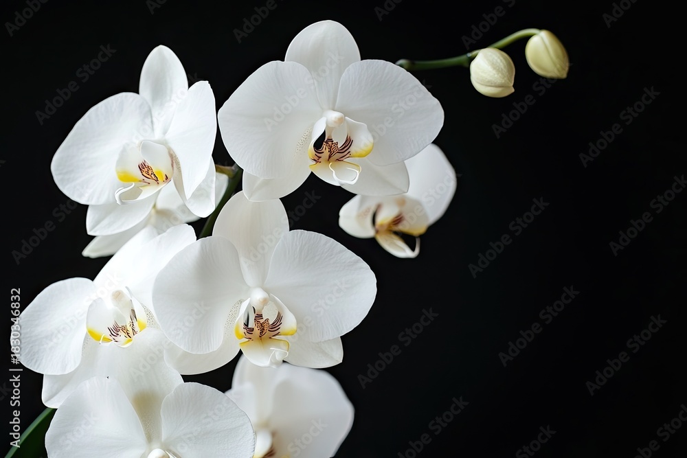Obraz premium A white orchid with five open flowers and one closed bud, set against a black background.