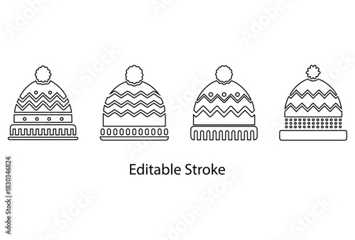 knitted winter hat vector editable stroke icon, winter apparel hat vector line art illustration