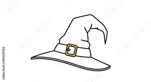 A classic black and white line art illustration of a witch's hat with a golden buckle, featuring a pointed crown and wide brim, suitable for Halloween.