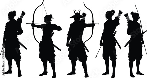 Silhouettes of traditional archers holding bows, arrows, and swords in dynamic warrior poses, perfect for historical illustration, battle scenes, and fantasy design projects