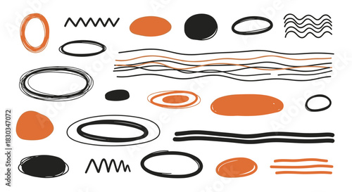 Abstract doodle elements set featuring hand-drawn circles, ovals, lines, and organic shapes in black and terracotta on white.