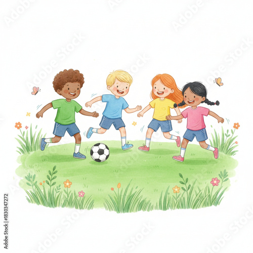 A group of kids happily play soccer together in a grassy field, enjoying an energetic and fun moment