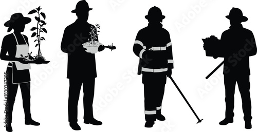 Silhouettes of workers and gardeners holding plants and tools, representing agriculture, safety professions, and outdoor labor activities for creative design and illustration projects