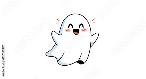 An adorable cartoon ghost illustration with a cheerful expression, rosy cheeks, and outstretched arms conveys a friendly and playful Halloween spirit.
