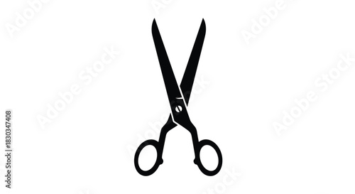 A clean graphic silhouette of an open pair of black scissors, a versatile cutting tool used in crafts, tailoring, and professional services, on white background.