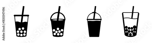 Bubble tea and boba drink icons collection featuring diverse cup designs, straw details, and visible tapioca pearls, rendered as minimalist black silhouettes for modern graphic design.