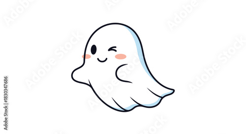 An adorable and simple cartoon illustration of a friendly little white ghost winking with a cheerful smile and pink blush, floating happily.