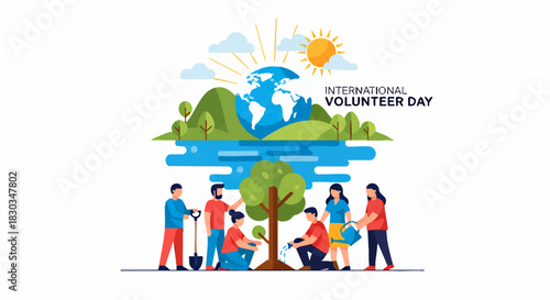 A group of volunteers plant a tree beneath an illustration of the Earth, sun, and landscape, celebrating International Volunteer Day.