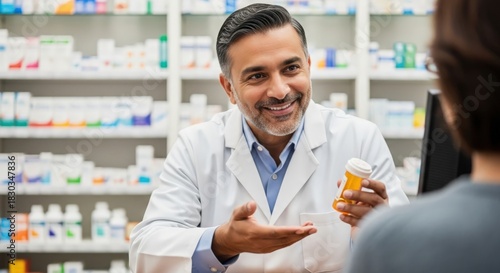 Indian Pharmacist Assisting Customer with Prescription Drugs