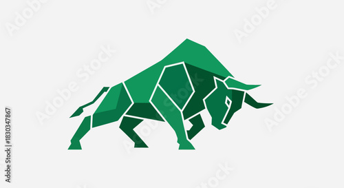 Geometric green bull illustration on a white background, symbolizing strength and growth.