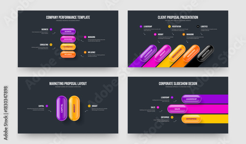 Market Report 4 5 2 3 Step Diagram Frame Design Set. Modern Launch Four Five Two Three Element Infographic Slideshow Layout Vector Illustration Bundle.