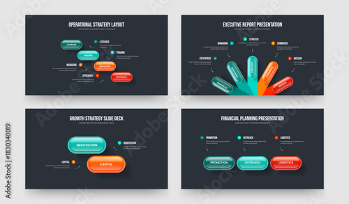 Enterprise Analysis 4 5 2 3 Step Diagram Slide Layout Collection. Advertising Strategy Four Five Two Three Element Infographic Slideshow Design Vector Illustration Set.