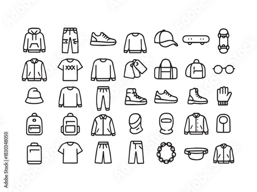 Streetwear, Hip Hop, and Casual Fashion Line Icons Set - Hoodie, Sneakers, Skateboarding, and Urban Apparel Vector
