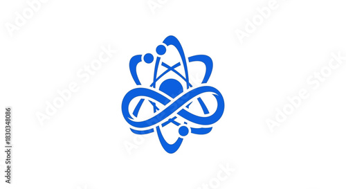 Blue atom symbol on white background, science and technology icon.