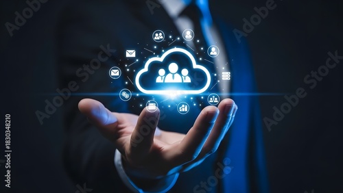 Cloud computing technology concept man holding a glowing cloud icon in hand