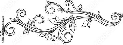 An ornate and elegant black and white flourish design, featuring swirling vines, leaves, and curls, creating a decorative border or accent, a, ideal for vintage or classic graphic elements