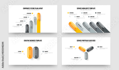 Business Insight 4 5 2 3 Element Infographic Slide Layout Set. Sales Strategy Four Five Two Three Step Diagram Frame Design Vector Illustration Collection.