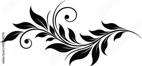 Elegant black floral swirl ornament with leaves and curls, , perfect for decorative design elements and artistic embellishments