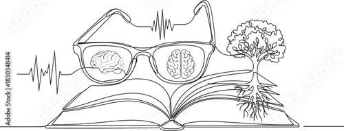 Conceptual illustration showing an open book with eyeglasses reflecting brains, a tree growing from the pages, and an electrocardiogram line