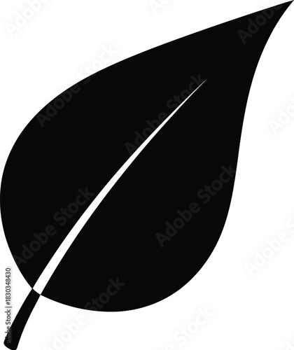 A simple, bold black silhouette of a single leaf, representing nature, growth, and the environment, a clean