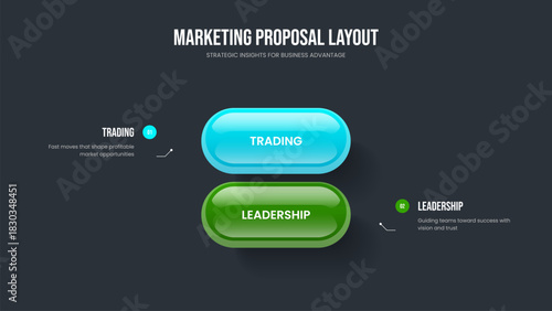 Digital Launch 2 Element Infographic Slide Layout. Consulting Report Two Option Diagram Frame Template. Company Visualization Slideshow Design Vector Illustration.