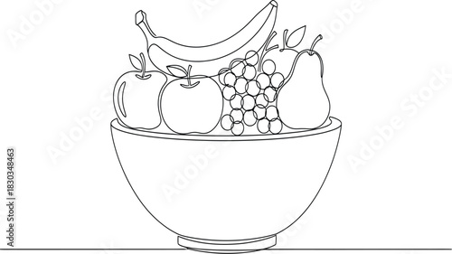 A simple line drawing of a bowl filled with various fruits, including apples, grapes, a banana, and a pear, a