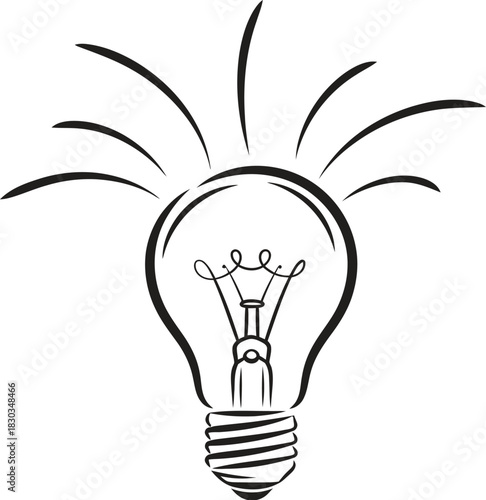 A simple line drawing of a glowing incandescent light bulb with radiating lines, symbolizing an idea or inspiration, a