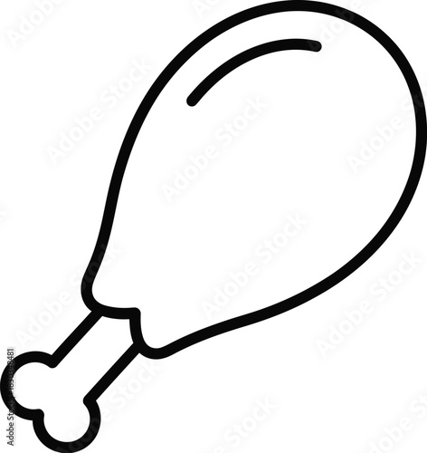 Simple black and white line drawing of a cooked chicken leg or drumstick, representing food, poultry, or a meal, perfect for culinary themes or restaurant menus