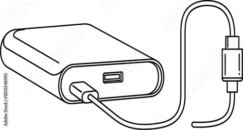 A simple line drawing of a portable power bank with a usbc cable connected to its port