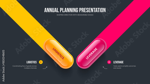Advertising Introduction Presentation Design Vector Illustration. Product Analysis Two Option Diagram Frame Layout. Consulting Overview 2 Step Infographic Slide Template.