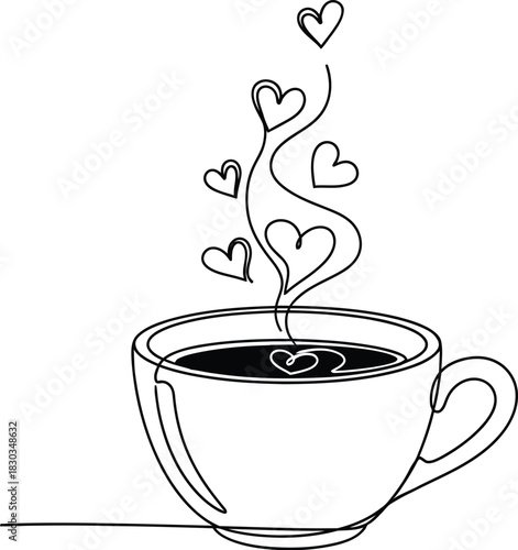 Single line drawing of a cup of coffee with steam rising in the shape of hearts