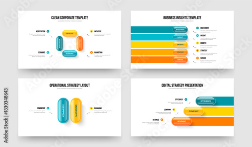 Business Showcase Four Five Two Three Step Infographic Slideshow Layout Vector Illustration Set. Modern Analysis 4 5 2 3 Option Diagram Presentation Design Collection.
