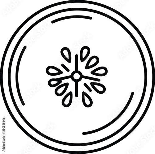 A black and white line drawing of a water sprinkler head spraying water in a circular pattern, symbolizing irrigation and watering