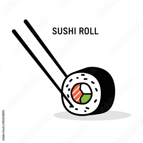 Illustration of a sushi roll held by chopsticks, with the text "SUSHI ROLL" above it.