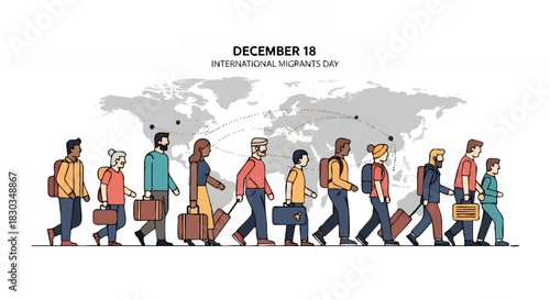 A diverse group of people are walking with luggage in front of a world map, representing International Migrants Day on December 18.