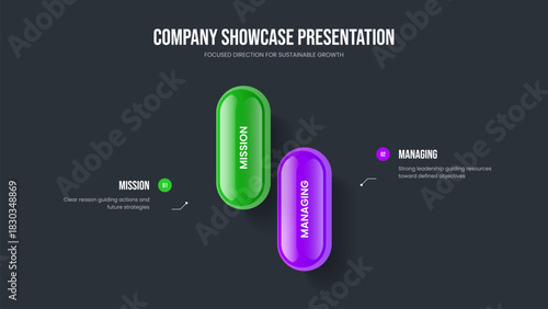 Sales Visualization Two Element Diagram Slideshow Template. Investor Growth 2 Step Infographic Slide Design. Service Performance Presentation Layout Vector Illustration.