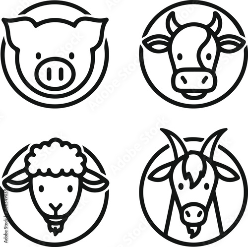 Farm animal vector icons set pig cow sheep goat head outline symbols
