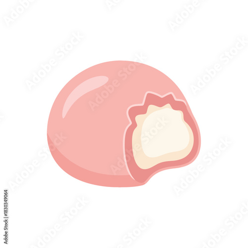 Illustration of a pink mochi with a bite taken out of it, revealing the white filling.