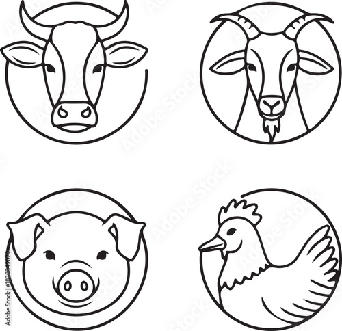 Line art farm animals vector set cow goat pig and chicken head icons