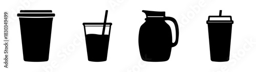 Black silhouette icon collection of essential beverage containers, featuring takeaway coffee cups with lids, a refreshing cold drink cup with a straw, and a classic serving pitcher design.