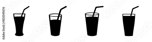 Minimalist black silhouette illustration set featuring various refreshing drinks in different tall glasses, each equipped with a straw, presenting a versatile graphic for menus and beverage concepts.