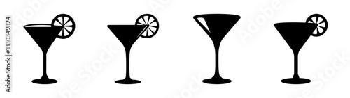 Martini glass silhouettes collection with and without lemon garnishes, iconic cocktail drinkware vector illustration set, elegant bar beverage alcohol glassware symbols.