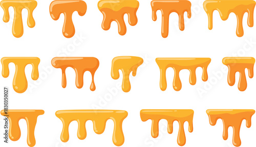 Collection of dripping orange honey or syrup elements liquid sweet