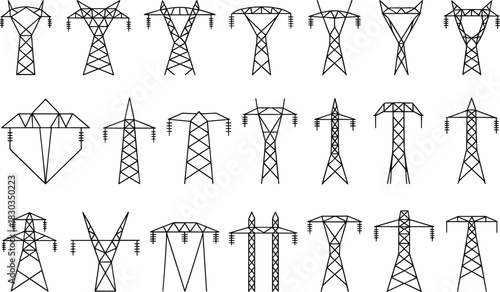 Collection of Outline Electricity Pylons and Transmission Towers power line high voltage