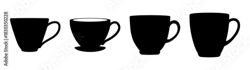Various black silhouette designs of coffee cups and tea mugs, illustrating different drinkware shapes and handle styles, isolated on a clean background for graphic use.